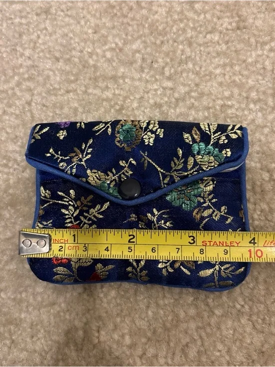 Asian Chinese Blue Black Gold Mini Pouch Bag Lot of 3 Floral Pattern Zip Button - Picture 11 of 12